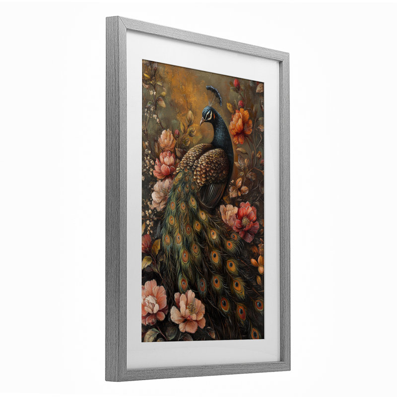 «Red Morris Inspired Peacock», reproduction sous verre encadrée, design par Petal Prints Design, H 20 po x l 14 po