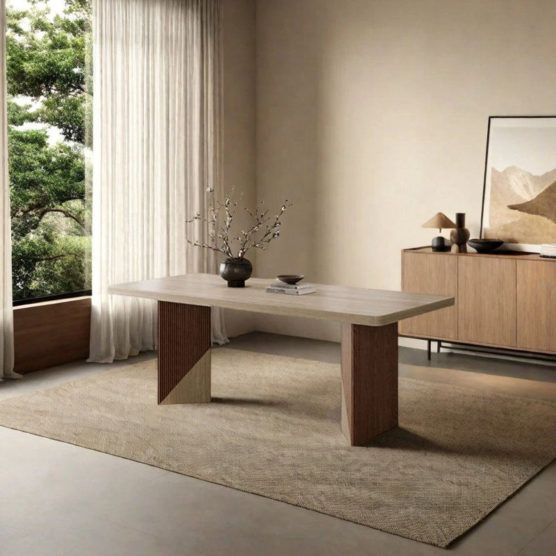 Retro rock plate dining table: Durable, 29.52"H x 78.74"L x 31.49"W