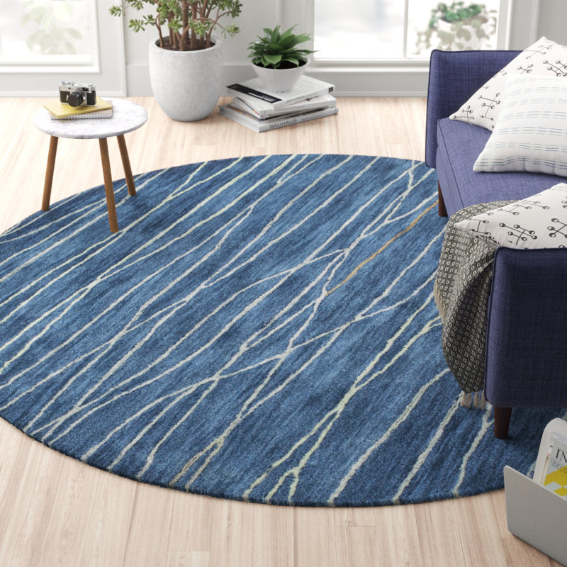 Tapis bleu azur à motif abstrait touffeté à la main Soleia, Rond 8 pi