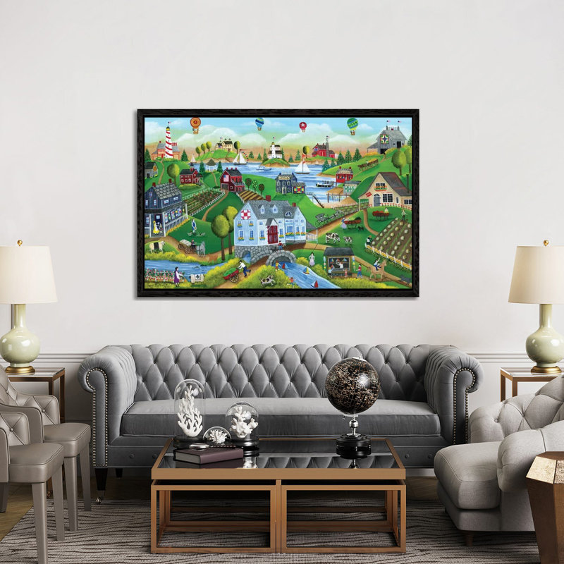 Village By The Sea With Hot Air Ballons by Cheryl Bartley - Print on Canvas, 152.5 cm H x 101.5 cm W, Black Framed