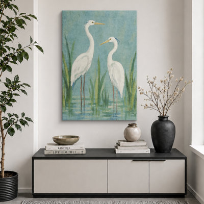 Pair of White Egrets in Teal Wetland Bird Artwork, Bedroom Pictures, Framed Canvas Giclee Print Wall Art