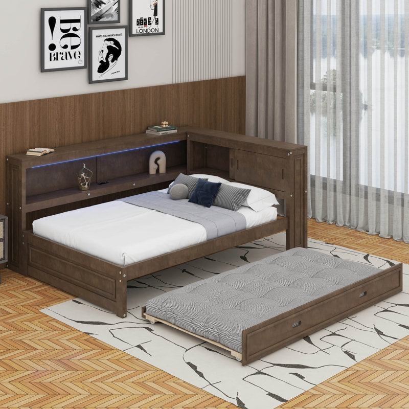 Lit de jour double avec tablettes, DEL et lit gigogne, Bois antique