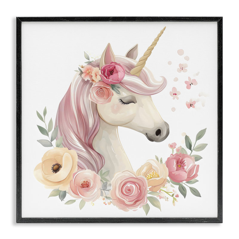 Licorne avec couronne florale, estampe numérique, design by Creative Studio, H 17 po x l 17 po, Giclée encadrée noir minuit