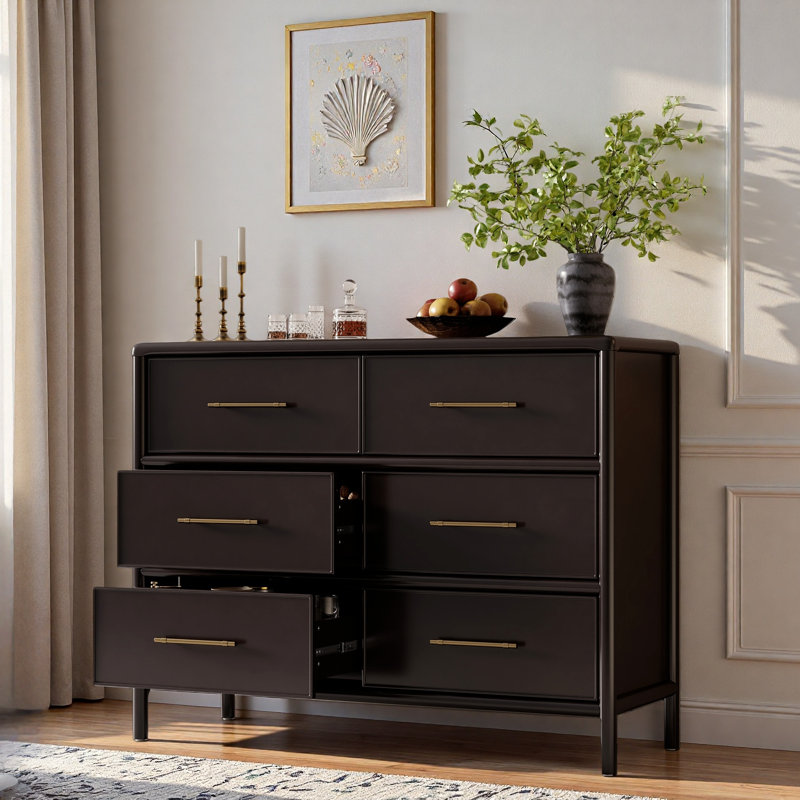 Commode avec 6 tiroirs et poignées dorées, Marron foncé