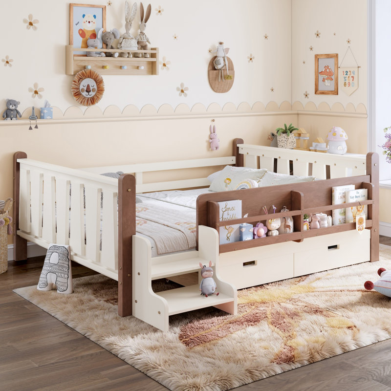 Lit pour enfants Montessori avec bibliothèques, tiroirs et escaliers mignons, Lit double, Beige