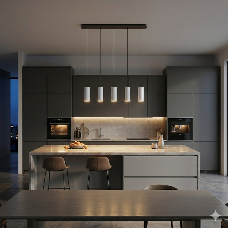 Luminaire suspendu linéaire à DEL 5 lumières pour îlot de cuisine Bludovice, Blanc