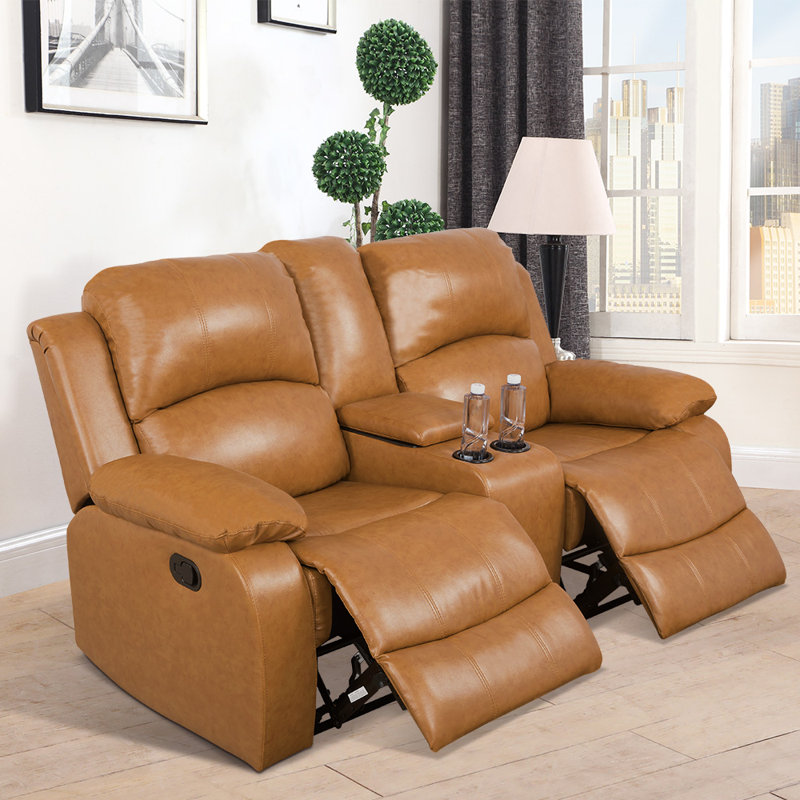 69'' Vegan Leather Pillow Top Arm Reclining Loveseat Sofa, Ginger Faux Leather