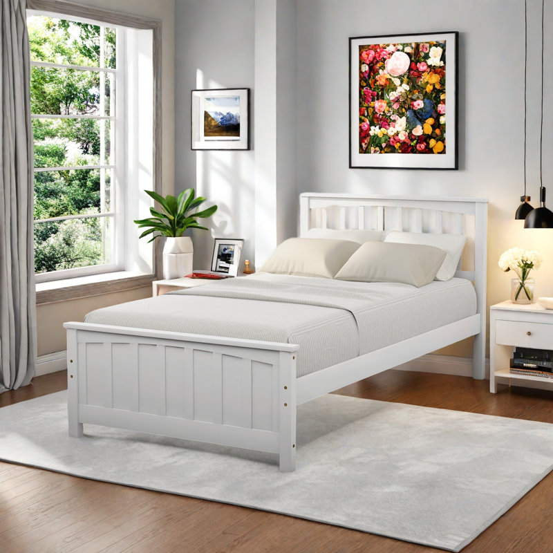 Chares Wood Platform Bed With Headboard, Twin, White 1