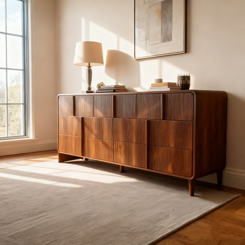 Modern 7-Drawer Dresser with Fluted Fronts & Curved Corners, 63" Wide Storage Chest with Integrated Pine Handles, Brown