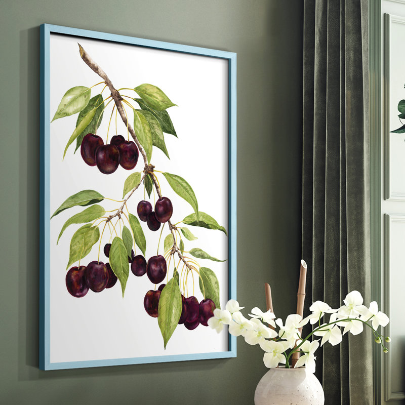 Watercolor Cherries, reproduction encadrée - bois massif, Bleu, H 10 po x l 8 po