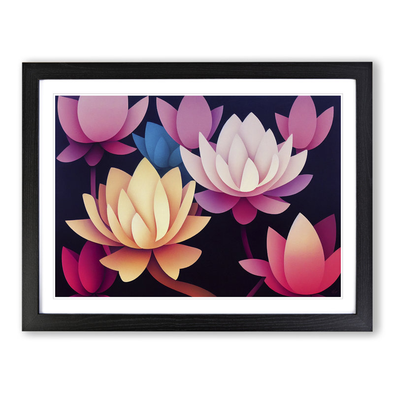 Inspirational Lotus Flowers - Single Picture Frame Painting, 25cm H x 34cm W x 2cm D, Black