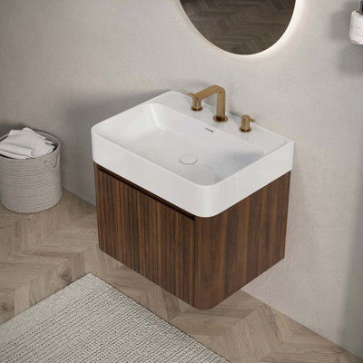 Meuble-lavabo suspendu avec lavabo intégré en surface solide blanche lustrée et armoire en bois de noyer