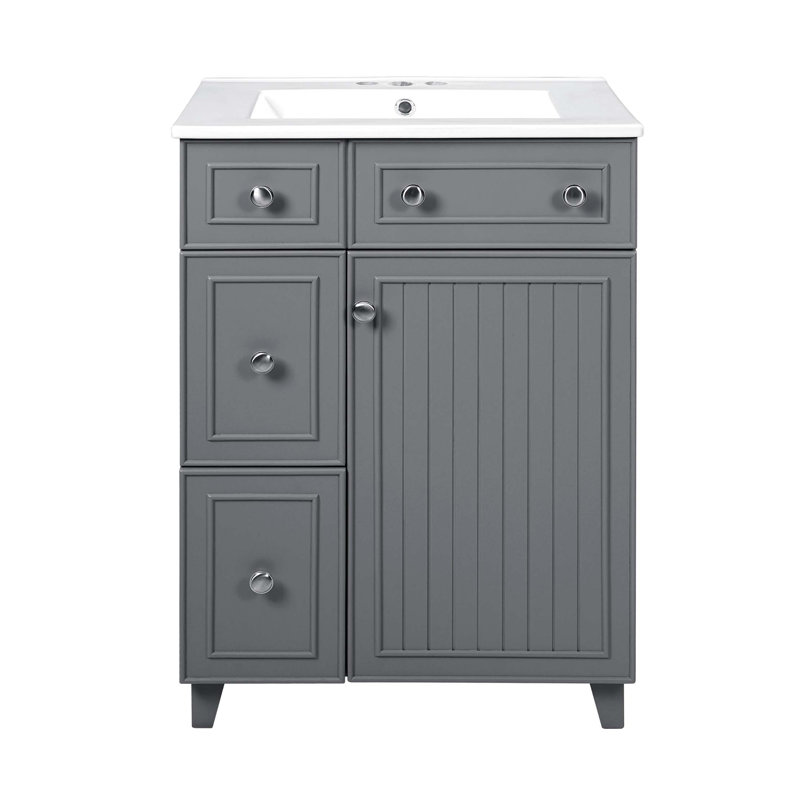 Meuble-lavabo 24 po avec lavabo en céramique, 2 tiroirs, 1 porte à fermeture en douceur, Gris, Argent argent