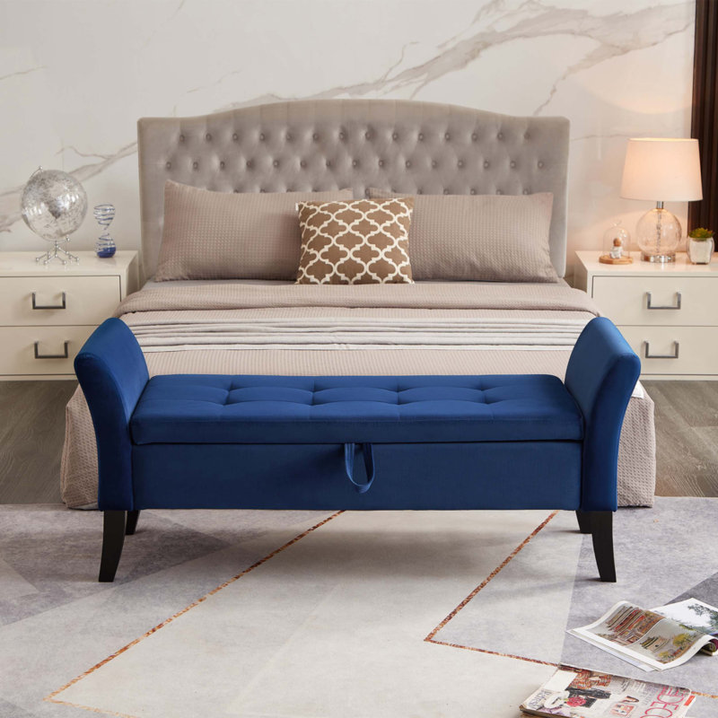 Banc de lit 51,5 "avec rangement, tabouret avec pieds en bois massif, Marine