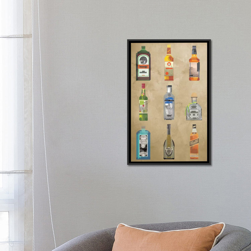 Liquor Bottles, impression sur toile tendue, H 26 po x l 18 po x P 1,5 po, Toile avec cadre noir, Pas de tapis