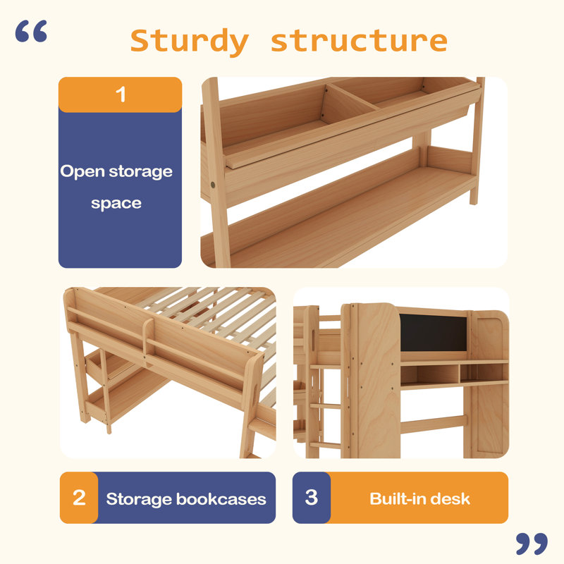 Loft Bed With Multi-Storage Bookcases, Boxes And Drawers, Solid Wood Low Loft Beds With Desk And Blackboard, No Box Spring Needed