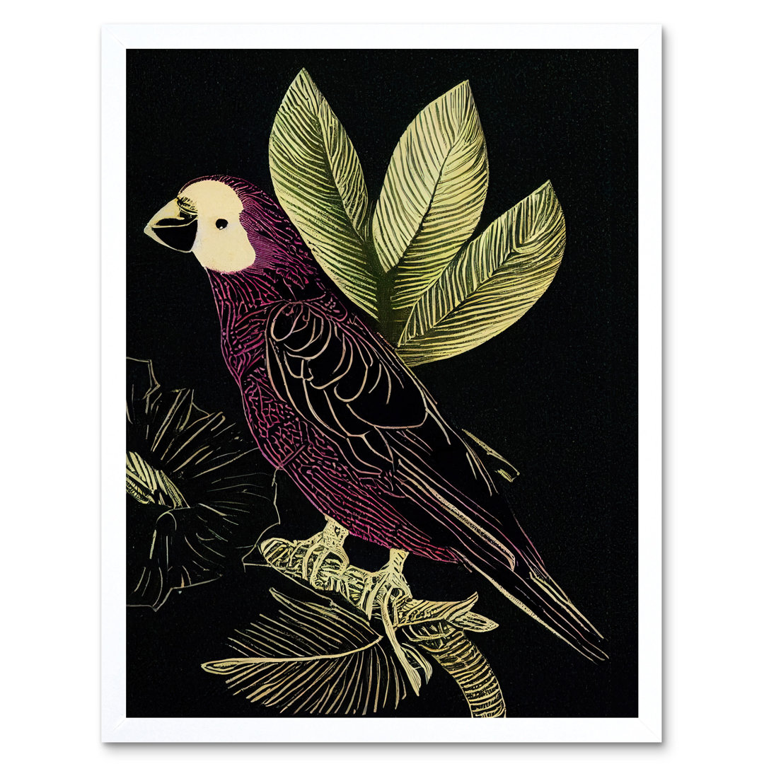 Parrot Leaves Tree Branch Vintage Linocut - Print