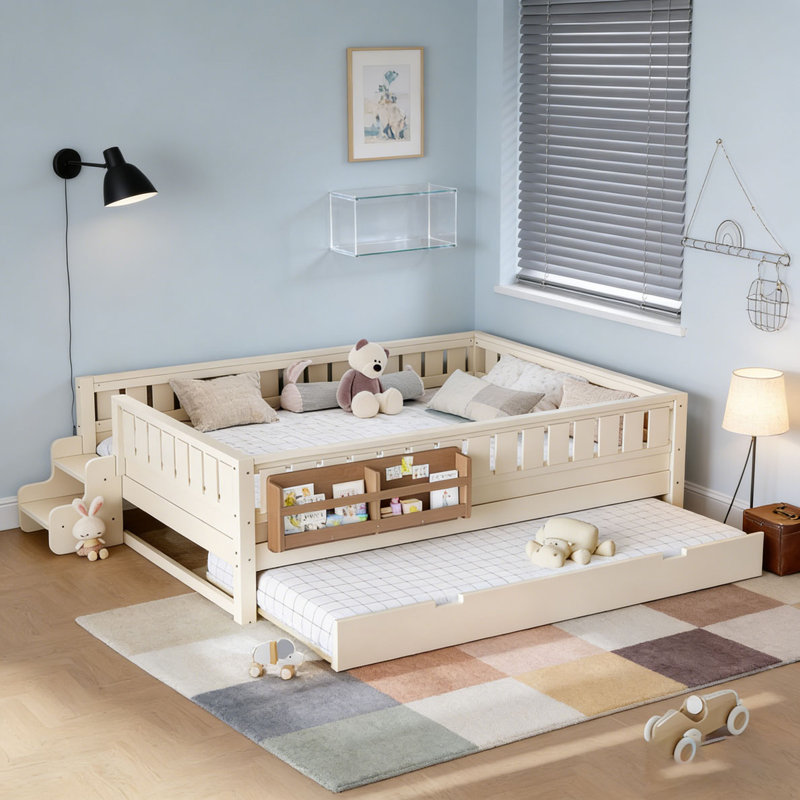 Bed with Built-in Bookshelves and Small Staircase, Double, Beige