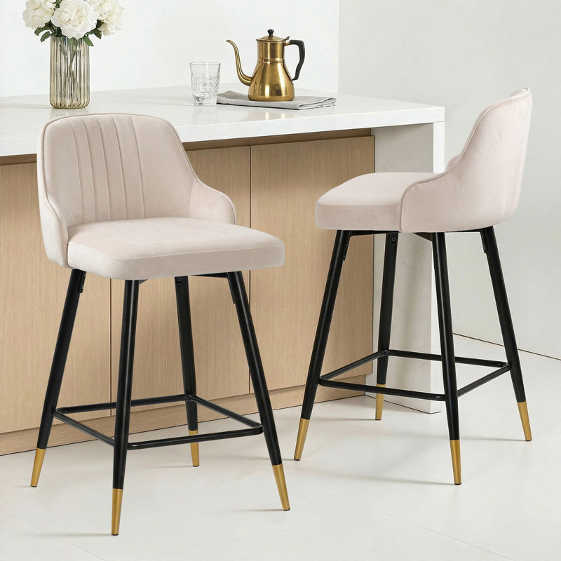 Swivel Velvet Upholstered Counter & Bar Stool With Solid Metal Frame, Bar Stool (74cm Seat Height), Beige, 2