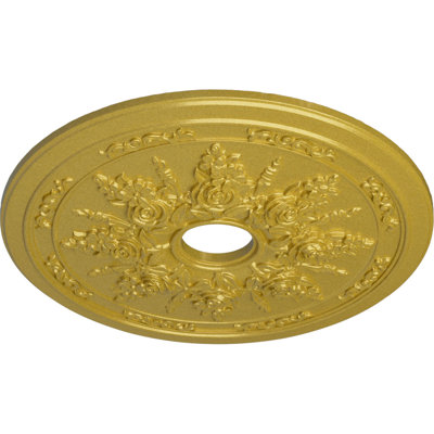 Endurathane Rose and Ribbon Ceiling Medallion, 23 5/8"OD x 4"ID x 1 1/2"P (Fits Canopies up to 4"), Hand-Painted Rich Gold Finish