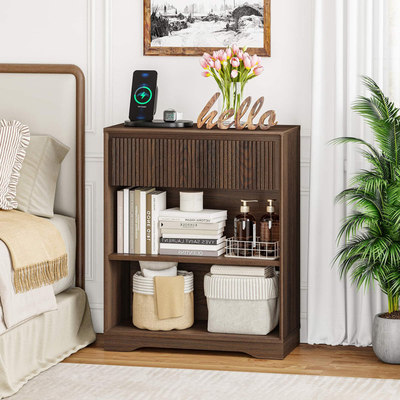 Bibliothèque Guinna à 3 niveaux avec tiroir, petite bibliothèque avec tablette réglable et motif ondulé pour salon, chambre à coucher, bureau à domicile, entrée