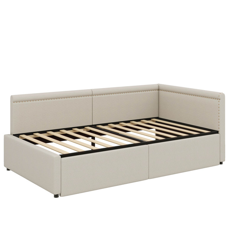 Lit de jour d'angle simple en L peu encombrant, avec tiroirs de rangement escamotables, Beige