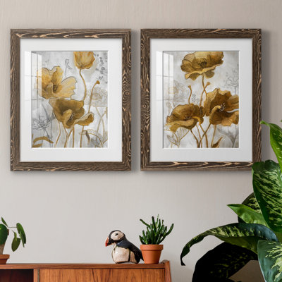 Or et argent Flowerfield I - ensemble de 2 reproductions d'art sur papier encadré
