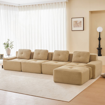 153 Inch Modern L-Shaped Modular Sectional Sofa With Corduroy Fabric, 4-Seater Couch, Deep Seat, Movable Ottoman, Pearl-Like Piping, Tufted Design, No Assembly, Anti-Slip Design, Camel