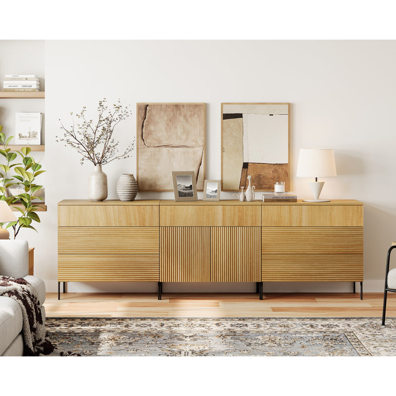 94.5" Reeded Accent Chest Set With Doors And Drawers, Modern Credenza Storage Cabinet With Metal Legs For Living Room, Kitchen, Dining Room, Hallway