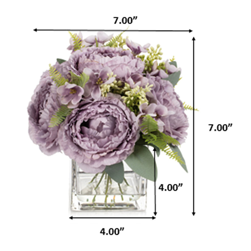 Arrangement de pivoines artificielles dans un vase avec de l'eau artificielle (mauve), Mauve