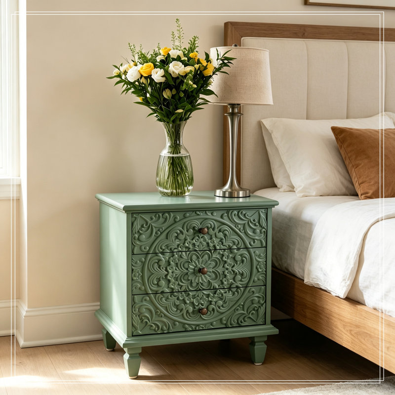Bois sculpté Theia avec 3 tiroirs, Vert