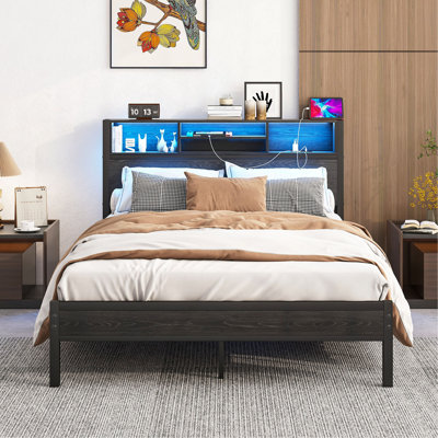 Bed Frame With Storage Headboard, Metal Platform Bed With Charging Station,  Bookcase Storage, No Box Spring Needed, Easy Assembly, Noise-Free