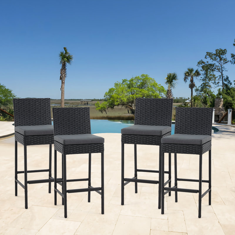 Rattan Bar Stools Set of 4, Armless Patio Wicker Barstools with Cushions, All Weather Outdoor Bar Stools for Pool, Lawn, Gazebo, Backyard, Y