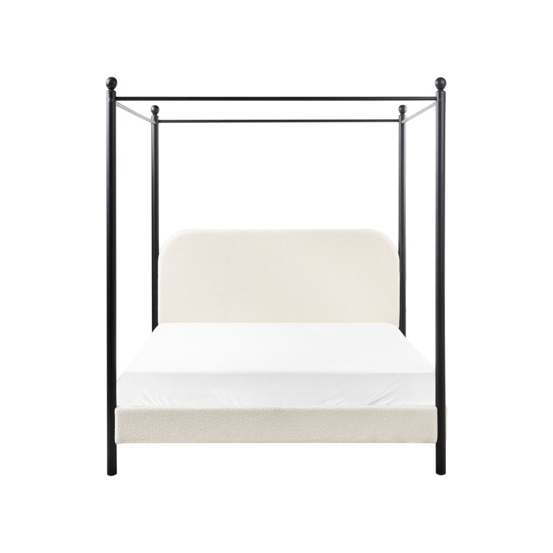 Four Poster Bed Boucle DANNEMOIS, European Single (90 x 200 cm), White