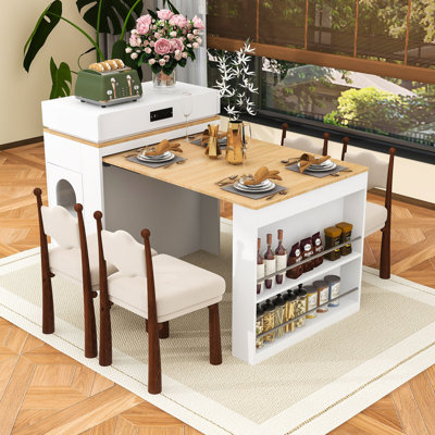 Îlot de cuisine contemporain avec roulettes, ports de charge intégrés et plateau de table pliable Contemporary