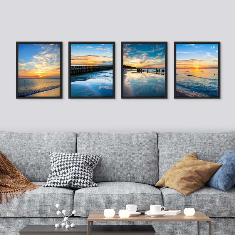 «White Vibrant Blue and Orange Sunset Ocean Sea», impression sur papier 4 pièces, Blanc, H 10 po x l 8 po