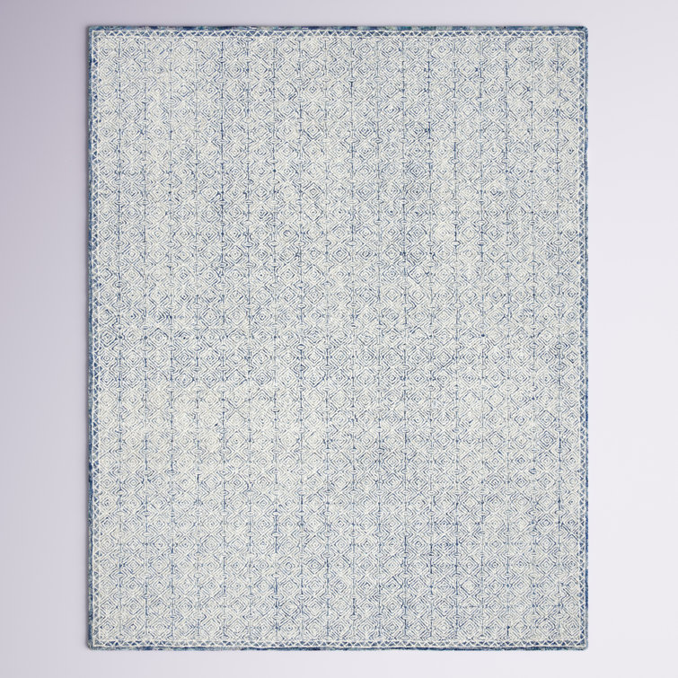 Blue & White Hand Tufted Geometric Patterned Wool Area Rug – The