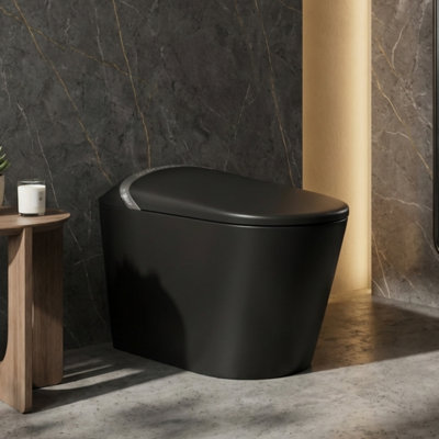 Toilette intelligente une pièce sans réservoir avec couvercle d'ouverture / fermeture automatique, capteur de pied, siège chauffant, affichage DEL et veilleuse, gris