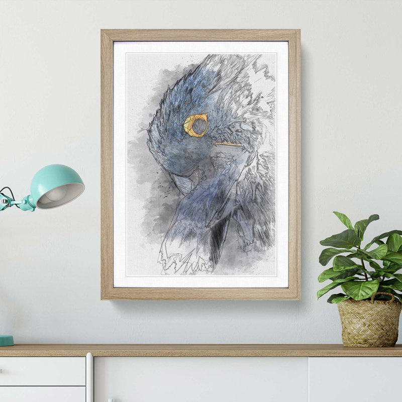 A Blue Parrot in Abstract - Picture Frame Graphic Art Print, 65cm H x 48cm W x 2cm D, Oak Framed
