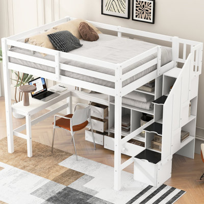 Lit mezzanine double blanc avec bureau en forme de L, tiroirs fonctionnels, armoire et escalier de rangement pour économiser de l'espace