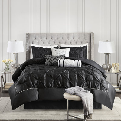 Édredon noir grand 7 - Literie: 1 édredon, 2 taies décoratives, 3 coussins, jupe de lit Facile à nettoyer Essentials de chambre à coucher 7 pièces, sérénité et confort