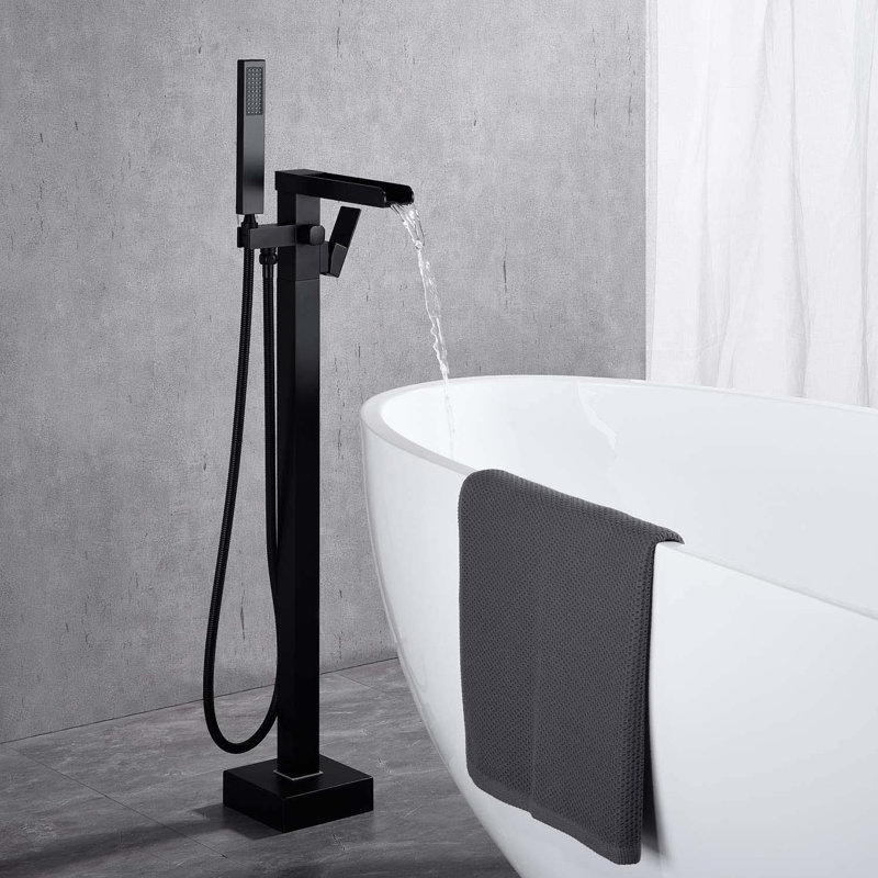 Robinet de baignoire autoportant à fixation sur le plancher à poignée simple avec douche à main Rishel, Noir