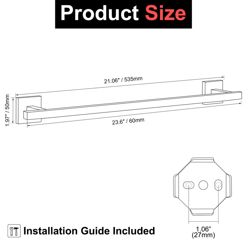 Modern24" Wall Mounted Towel Bar, Matte Black