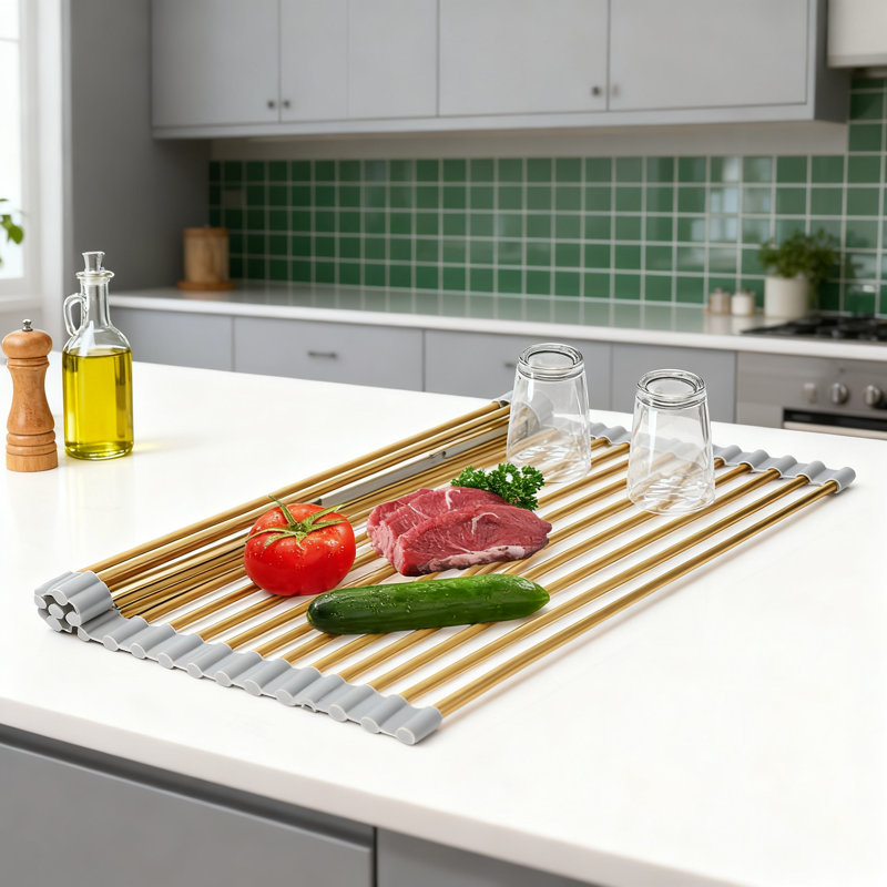 Très grand égouttoir à vaisselle enroulable, égouttoir à vaisselle en acier inoxydable pour l'évier et l'organisation de comptoir de cuisine