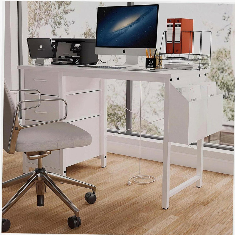 47.3"office desk with power outlet,3 drawers,Side Pocket, Study Desk Easy to Assemble,Frame stability Reversible, White