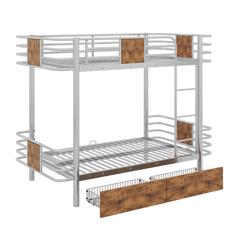 Twin XL Over Twin XL Metal Bunk Bed With Drawers, Silver