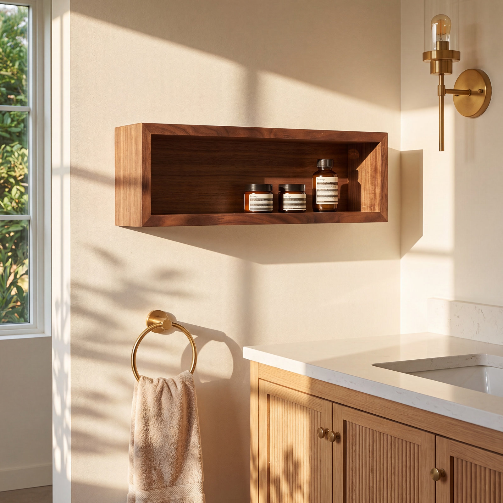 Natural Wood Wall-Mounted Bathroom Shelves, Walnut