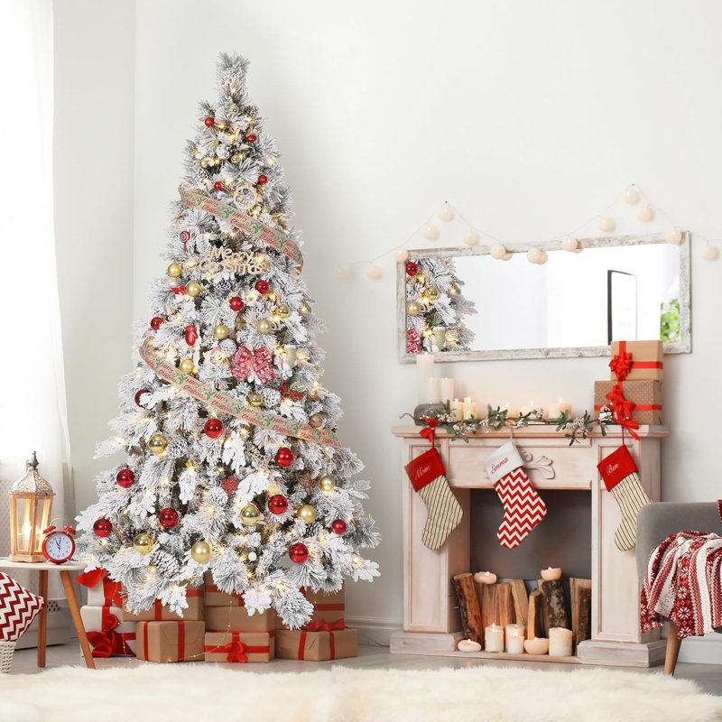 Arbre de Noël artificiel épinette enneigé avec lumières incandescentes blanc chaud et support pliable, arbre de Noël enneigé