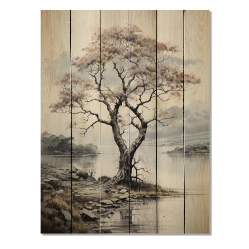 Arbre gris gris, paysage monochromes I - impression florale sur bois de pin naturel, H 32 po x l 24 po x P 0,78 po