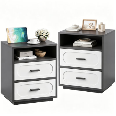 Modern 2-drawer Nightstand Set Of 2 With Charging Station, 21.7" Bedside Table With Solid Wood Handles And Thickened Base, White